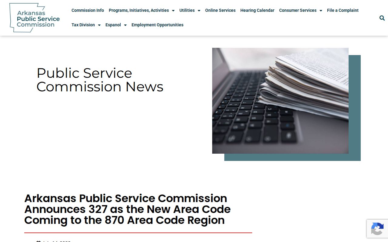 Arkansas phone area codes announcement from the Public Service Commission introducing 327