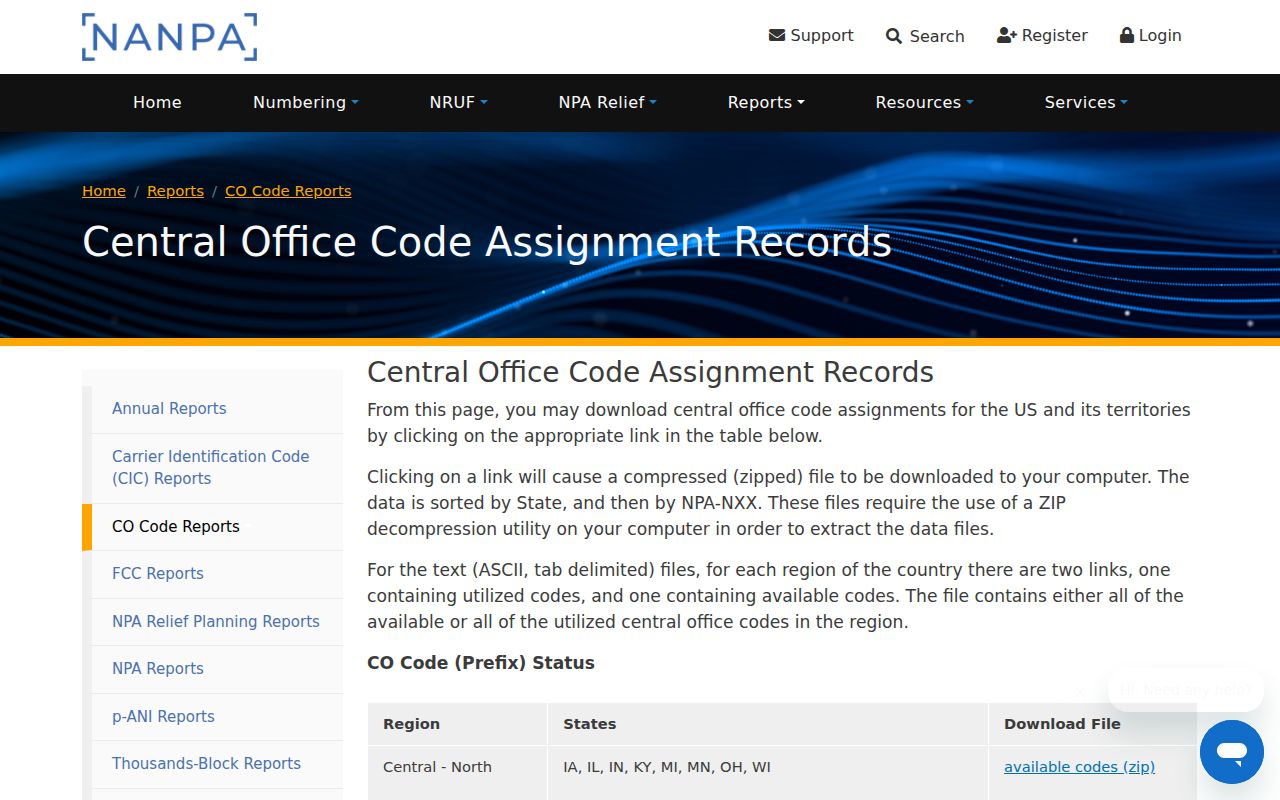 Arkansas phone area codes prefix data in the NANPA central office code assignment records
