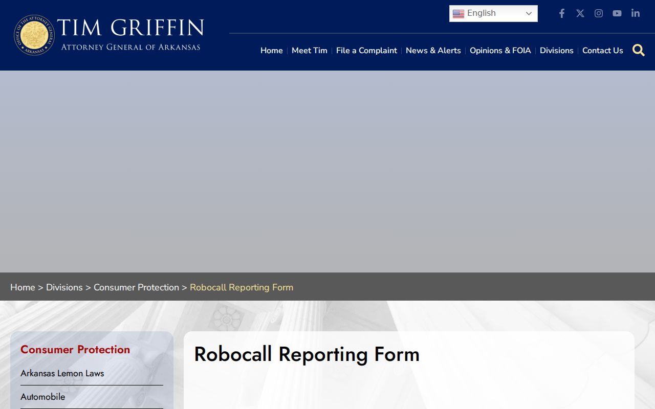 Arkansas phone numbers robocall reporting form from the Attorney General